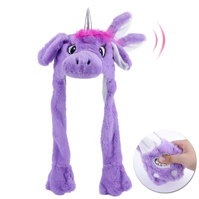 Bubblepompom Unicorn Hat with Ears Moving Jumping Pop Up Beating Hat Plush Holiday Cosplay Dress Up Funny Party Gift for Kids Girls, Purple, 22''