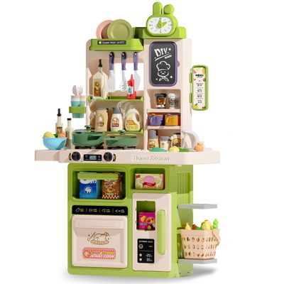 Hitish Kids Kitchen Playset Set, 63PCS Pretend Play Kitchen Toys for Toddlers, Cooking Stove with Steam Sound Light, Play Sink with Manual Faucet, Play Food Accessories Gift for Boys, 33H Green