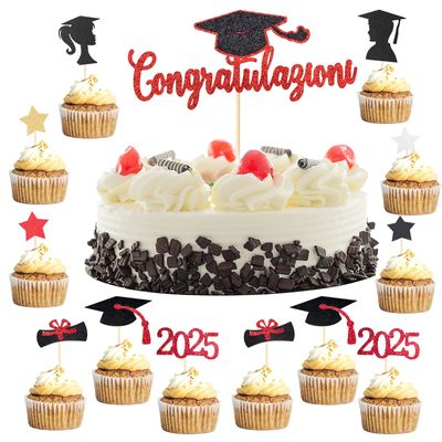 VEGCOO 33 Pieces Graduation Cake Toppers, Graduation Cake Toppers, Graduation Decorations Congratulations Red Cupcakes Toppers Graduation, Cake Graduation Decorations Gadget for Party Graduation