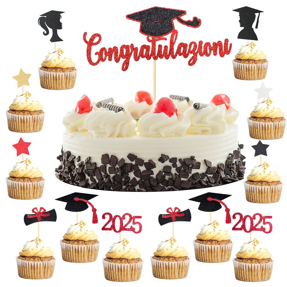 VEGCOO 33 Pieces Graduation Cake Toppers, Graduation Cake Toppers, Graduation Decorations Congratulations Red Cupcakes Toppers Graduation, Cake Graduation Decorations Gadget for Party Graduation