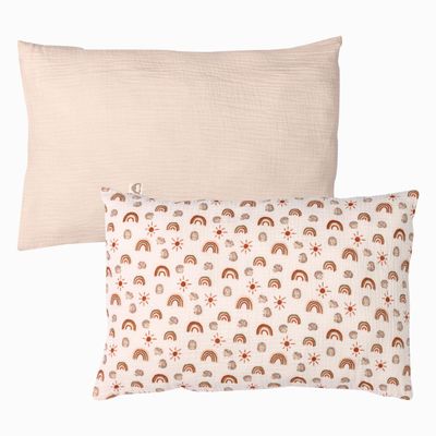 100% Cotton Toddler Pillowcases, 2 Pack Muslin Baby Pillow Cases, 13x20 Toddler Pillowcase, Compatible with Baby Pillows for Sleeping for Newborn, Oeko TEX Standard 100 (Rainbow + Beige Pillow Cases)
