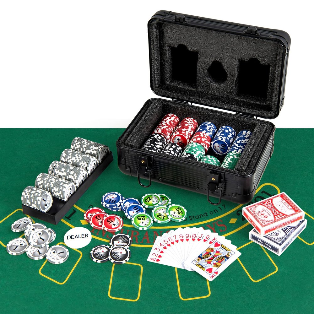 Goplus Poker Chip Set, 300 PCS Chips, 2 Decks Cards, Dealer Button, Poker Felt, Aluminum Case for Texas Holdem, Casino, Family Night, Blackjack