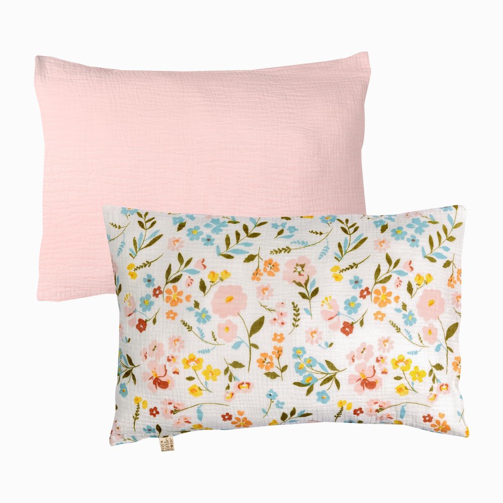 100% Cotton Toddler Pillowcases, 2 Pack Muslin Baby Pillow Cases, 13x20 Toddler Pillowcase, Compatible with Baby Pillows for Sleeping for Newborn, Oeko TEX Standard 100 (Floral + Pink Pillow Cases)
