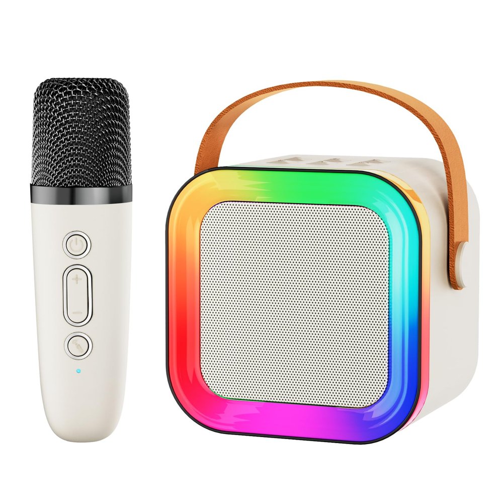 Mini Karaoke Machine Speaker for Kids Adults,Portable Bluetooth with 1-2 Wireless Microphones,Christmas Birthday Gifts Toys Girls Boys Ages 4, 5, 6,7, 8,9,10,11,12+ Years Old Toddler (Off-White -1Mic)
