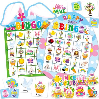 Lonfliness 39Pcs Easter Bingo Game for Adults Kids 24 Players Easter Bunny Egg Shape Bingo Game Cards with Reward Stickers for Family Friends Large Group Activities Happy Easter Spring Party Favors
