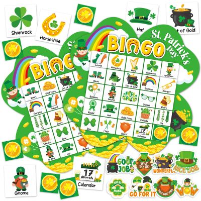 39Pcs St. Patricks Day Bingo Game for Adults Kids 24 Players Shamrock Shape Bingo Game Cards with Reward Stickers for Family Friend Large Group Activities St. Patricks Day Spring Party Favor