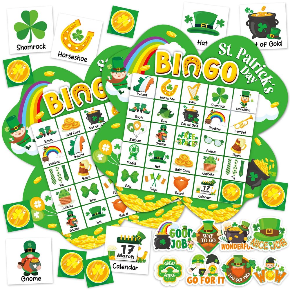 39Pcs St. Patricks Day Bingo Game for Adults Kids 24 Players Shamrock Shape Bingo Game Cards with Reward Stickers for Family Friend Large Group Activities St. Patricks Day Spring Party Favor