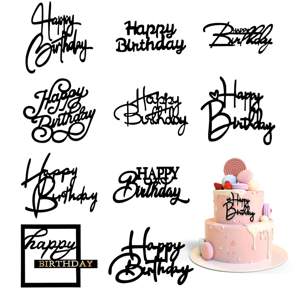 10 Pack Happy Birthday Cake Topper Black Mirror Cake Topper Acrylic DIY Cupcake Toppers Side Cake Decorations Cake Inserts Cake Decorating Supplies for Birthday Party Cake Desserts