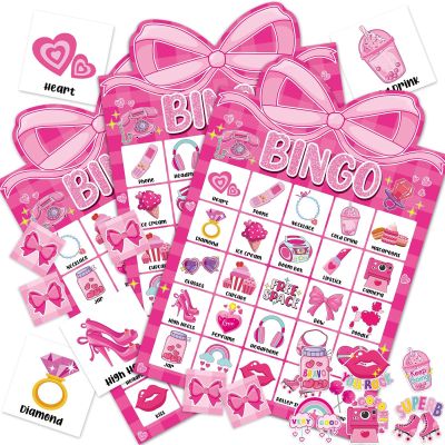 39 Pcs Pink Bow Party Bingo Game for Adults Kids 24 Players Pink Girls Party Bingo Game Cards with Reward Stickers for Family Friends Large Group Gathering Bachelorette Princess Doll Party Favors