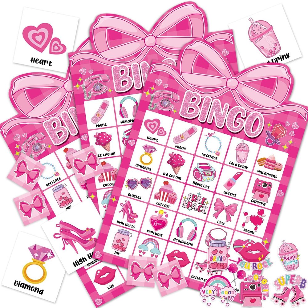 39 Pcs Pink Bow Party Bingo Game for Adults Kids 24 Players Pink Girls Party Bingo Game Cards with Reward Stickers for Family Friends Large Group Gathering Bachelorette Princess Doll Party Favors