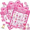 39 Pcs Pink Bow Party Bingo Game for Adults Kids 24 Players Pink Girls Party Bingo Game Cards with Reward Stickers for Family Friends Large Group Gathering Bachelorette Princess Doll Party Favors view 1