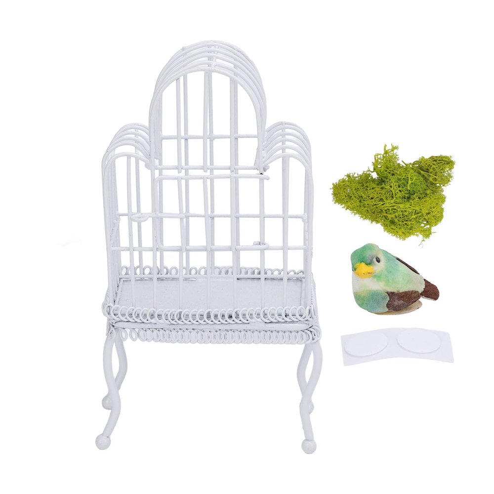 1:12 Scale Dollhouse Bird Cage Metal Miniature Bird Cage Realistic Opening Door Miniature Dollhouse Bird Cage with Fake Grass Bird Sticker, Bird Cage Floor Stand Mini House (White)