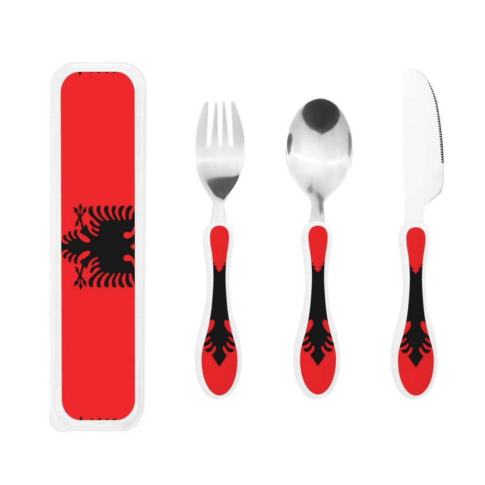 Albanian flag Children's three-piece knife, fork and spoon set, the handles are plastic PP and 430 stainless steel.