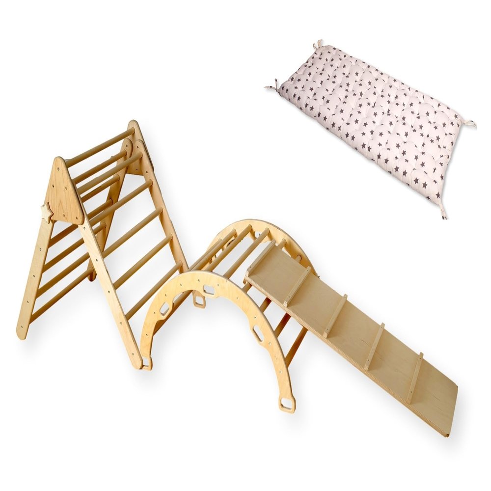 Kidodido Montessori Wooden Climbing Set for Kids | Montessori Climbing Triangle Climbing Dome Ramp and Pillow | Montessori Climbing Frame Set for Toddler | Montessori Playground | Kids Play Gym(Star)