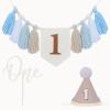 1st Birthday Decorations Boy, High Chair Banner First Birthday Decorations Boho Wood Bead Tassel, Baby 1st Party Hat with One Cake Topper view 1