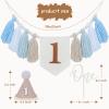 1st Birthday Decorations Boy, High Chair Banner First Birthday Decorations Boho Wood Bead Tassel, Baby 1st Party Hat with One Cake Topper view 3