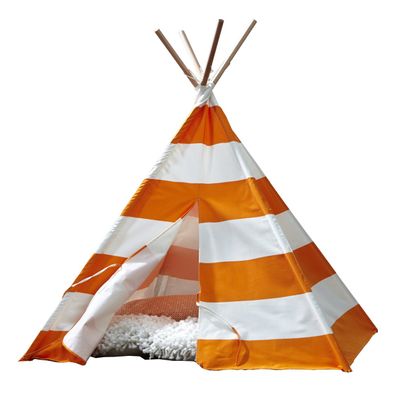 Turtleplay Indoor Teepee Tent Durable Cotton Canvas with White Stripes, Easy Assembly, Orange Playhouse