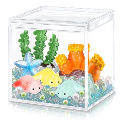 Vertintong Axolotl DIY Tank Axolotl Craft with 3 Pcs Mini Axolotl Figures Axolotl Beads Axolotl Gift Set Axolotl Charms 3.2 Acrylic Tank(Dark Blue,Cute)