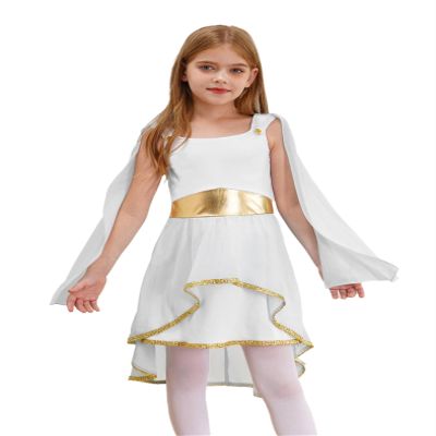 Raenseen Kids Greek Princess Dress Flower Girls Ancient Roman Toga Costume for Festival Party Performance White 14 Years