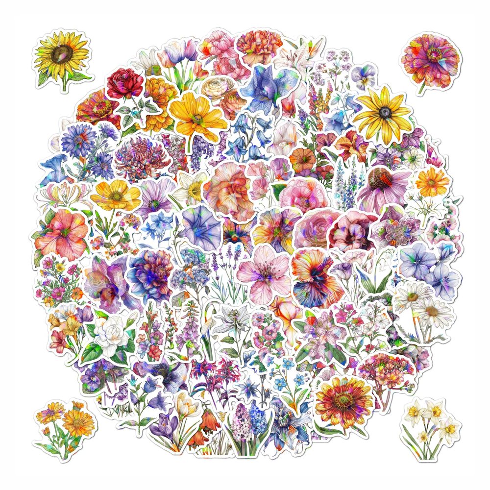 100pcs Flower Stickers Pack, Sparkly Holographic Aesthetic Decals for Water Bottle, Waterproof Stickers for Hydroflask Laptop Scrapbooking Phone,Flower Gifts for Adults Women Teens Girls