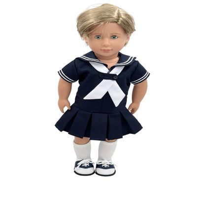 18 inch Doll Outfit/Sailor Dress Navy with White Trim and White Sailor Tie/Add on Option Shoe and Sock (Dress Set-White Sock-Navy Shoe)