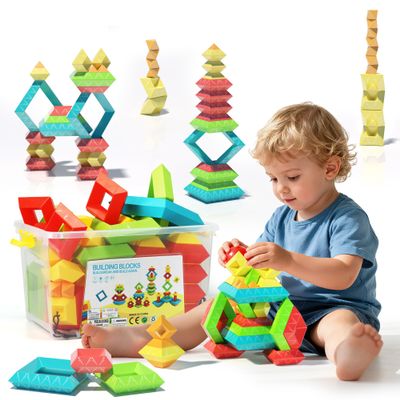 100Pcs Montessori Toys for Ages 1-3 2-5 Toddlers Kids Baby,Pyramid Stacking Building Toys,3D Preschool Learning Blocks for Kids,STEM Sensory Toy Gifts for 2-4 Year Old Boy Girl,Big Plastic Storage Box