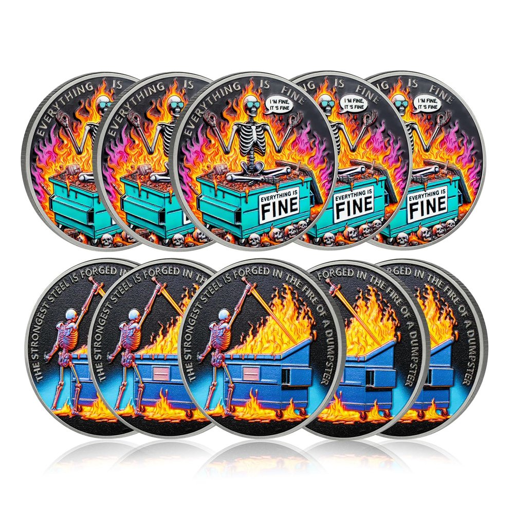 10Pcs Sunglasses Skeleton Dumpster Fire Coin, Forging Steel Dumpster Fire Challenge Coin - Funny Office Desk Accessories - Novelty Coins Pocket Token - Inspirational Office Gifts for Men Women