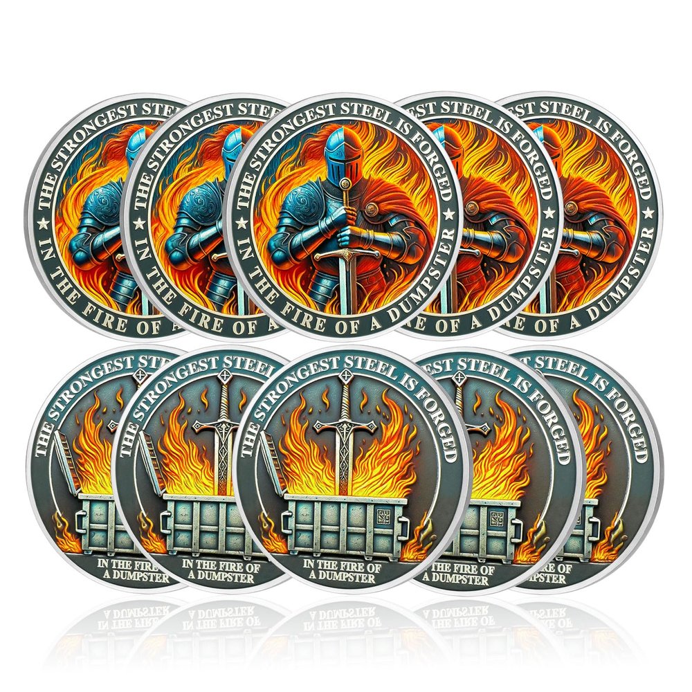 10Pcs Knights Dumpster Fire Coin, Knight's Sword Dumpster Fire Challenge Coin - Funny Office Desk Accessories - Novelty Coins Pocket Token - Inspirational Office Gifts for Men Women
