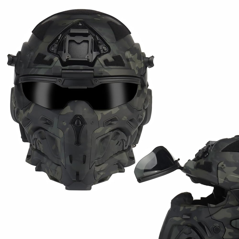 HL-98 Tactical Helmet with Built-in Communication Earphone, Equipped with a Built-in HD Earphone and a flip-up Visor with Both Transparent and Black Lenses (Black CP)