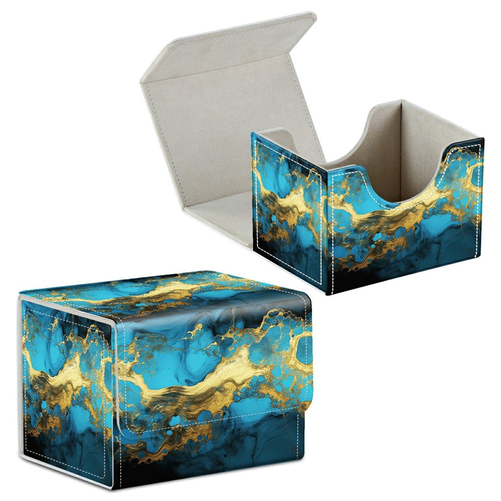 BFDHGQZC Card Deck Box for Trading Cards Commander Deck Box Card Storage Box with Strong Magnet Magic Premium Gathering Deck Box Cover for TCG CCG Magic Cards,Gold And Blue Marble