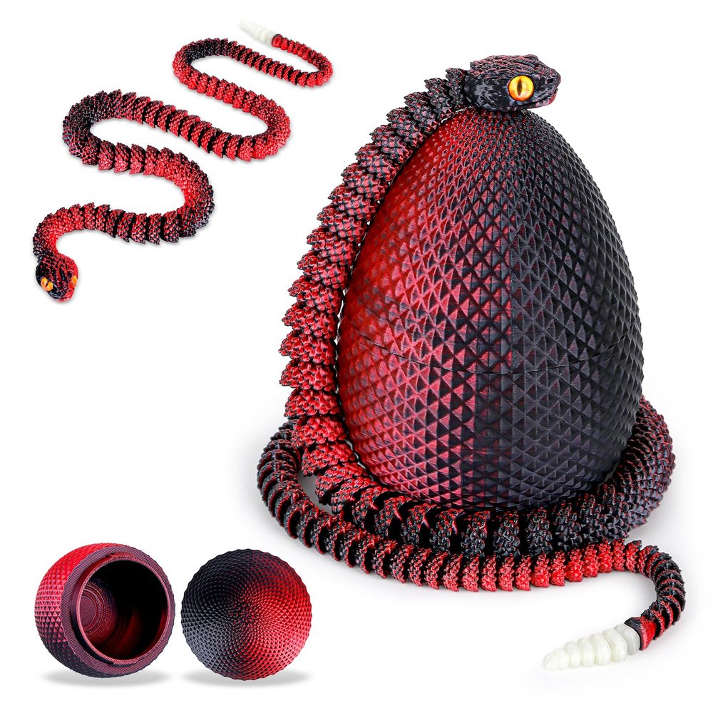 3D Printed Snake Eggs with Snake Inside,3D Printed Snake,3D Printed Animals,23.22 Inch Crystal Snake Fidget Toys,Articulated 3D Snake with 3D Snake Eggs Black Red
