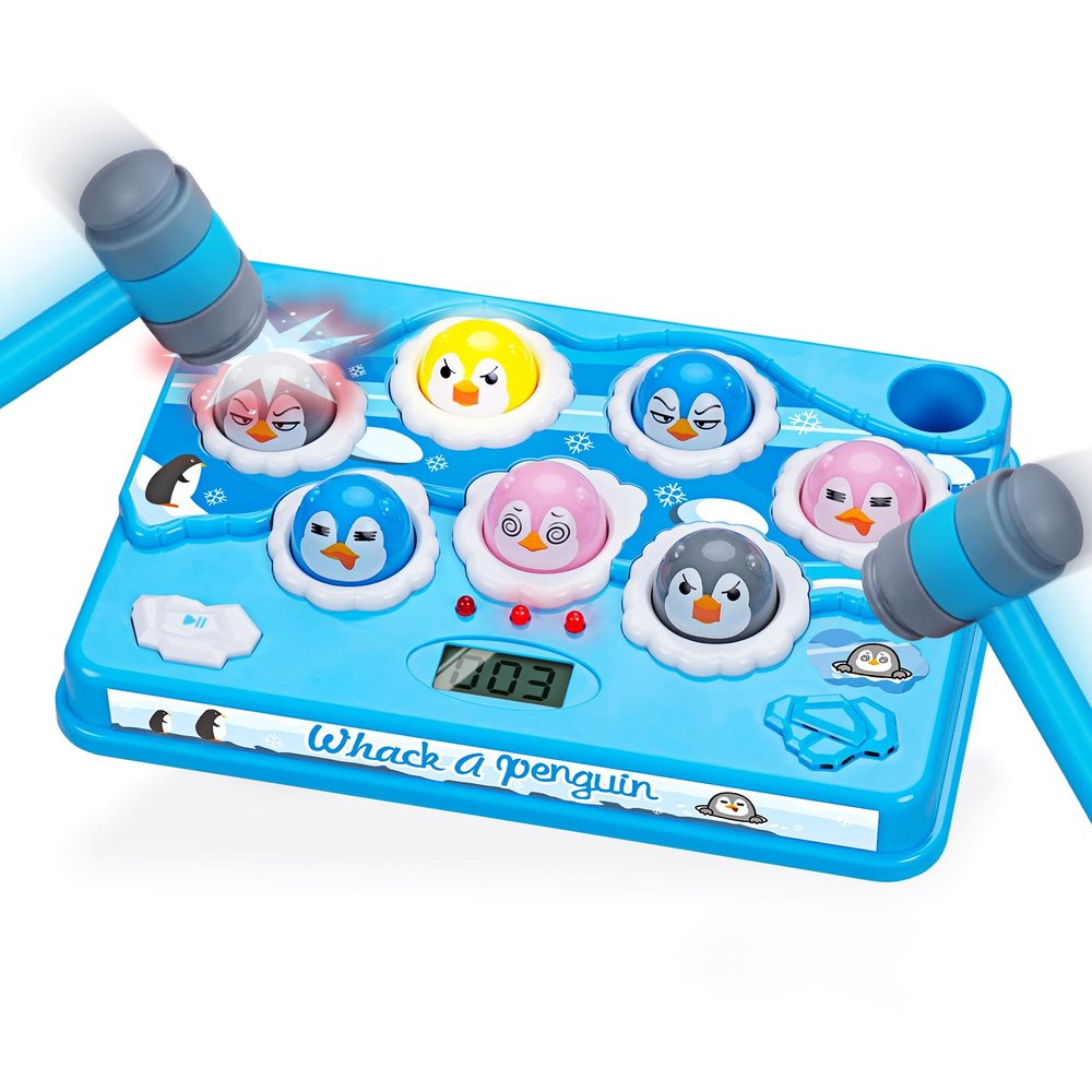 FS Pound-A-Penguin Game, Screen-Free Interactive Pounding Toy with 2 Soft Hammers - Safe Toddler Hammer Toy for 1-3 Years, Kids Ages 2-8, 4 Speed Modes & Score Display