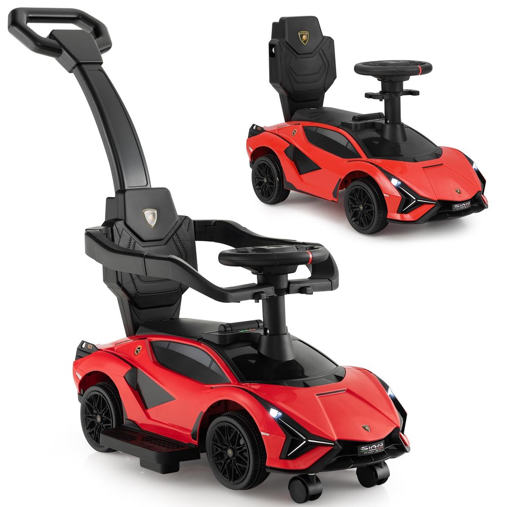 INFANS 3 in 1 Ride on Push Car, Licensed Lamborghini Baby Stroller Sliding Walking Car with Parent Control Handle, Music, USB, Headlight, Under Seat Storage, Foot-to-Floor Toy for 18-60 Months (Red)