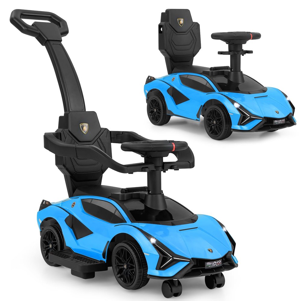 INFANS 3 in 1 Ride on Push Car, Licensed Lamborghini Baby Stroller Sliding Walking Car with Parent Control Handle, Music, USB, Headlight, Under Seat Storage, Foot-to-Floor Toy for 18-60 Months (Blue)