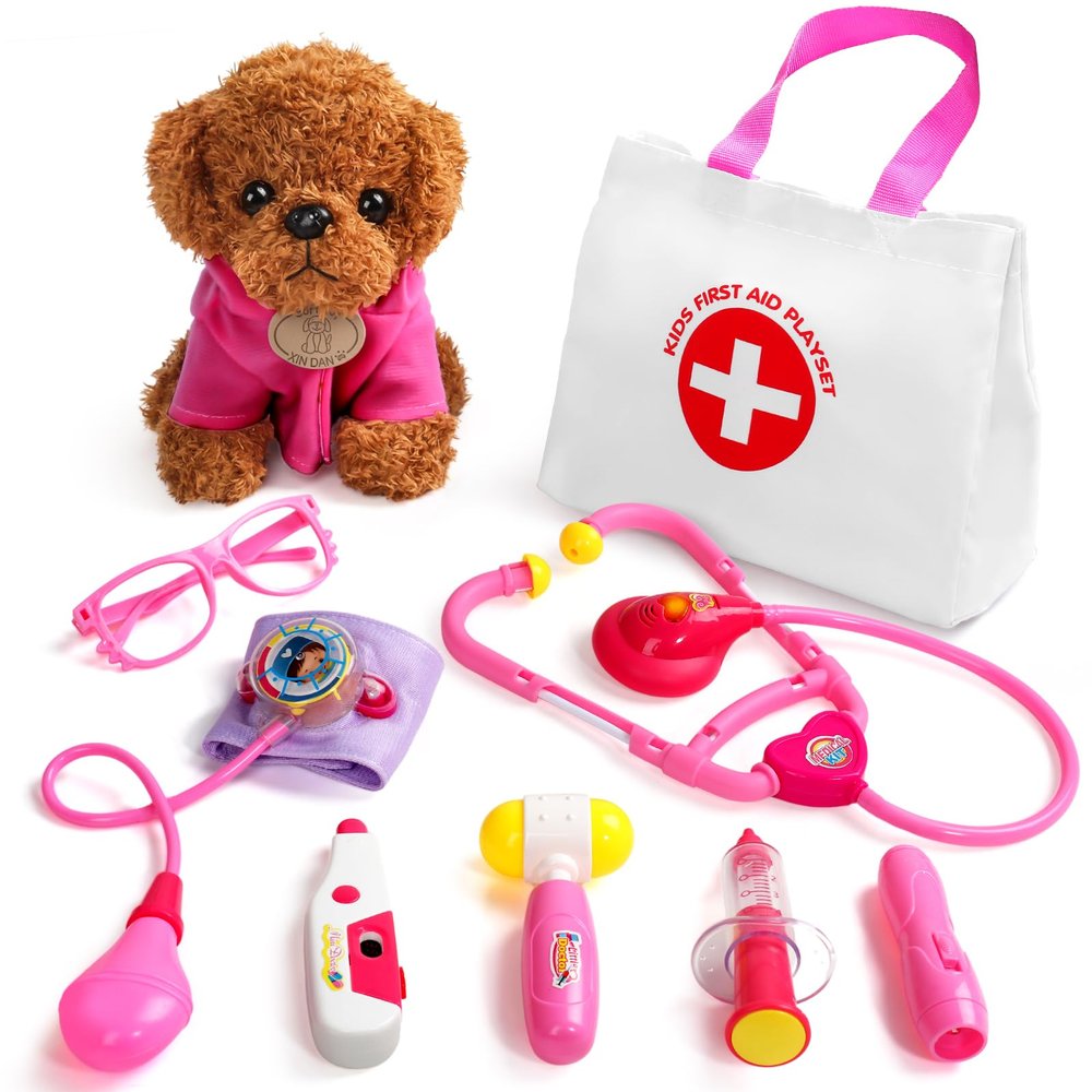 Doctor Kit for Toddlers 3-5 Girl Toys Birthday Gift for 2 3 4 Year Old Girls Kids Doctors Play Set with Plush Dog, Toy Stethoscope & Carrying Bag for Veterinarian Pretend Play