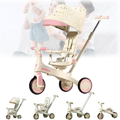 LHTJHP 4 in 1 Kids Tricycle, Baby Bike, Two-Way Push, Detachable Seat, Foldable Pedals, Toddler Push Tricycle with Adjustable Handlebar, Suitable for Children Aged 1-3-6,Pink