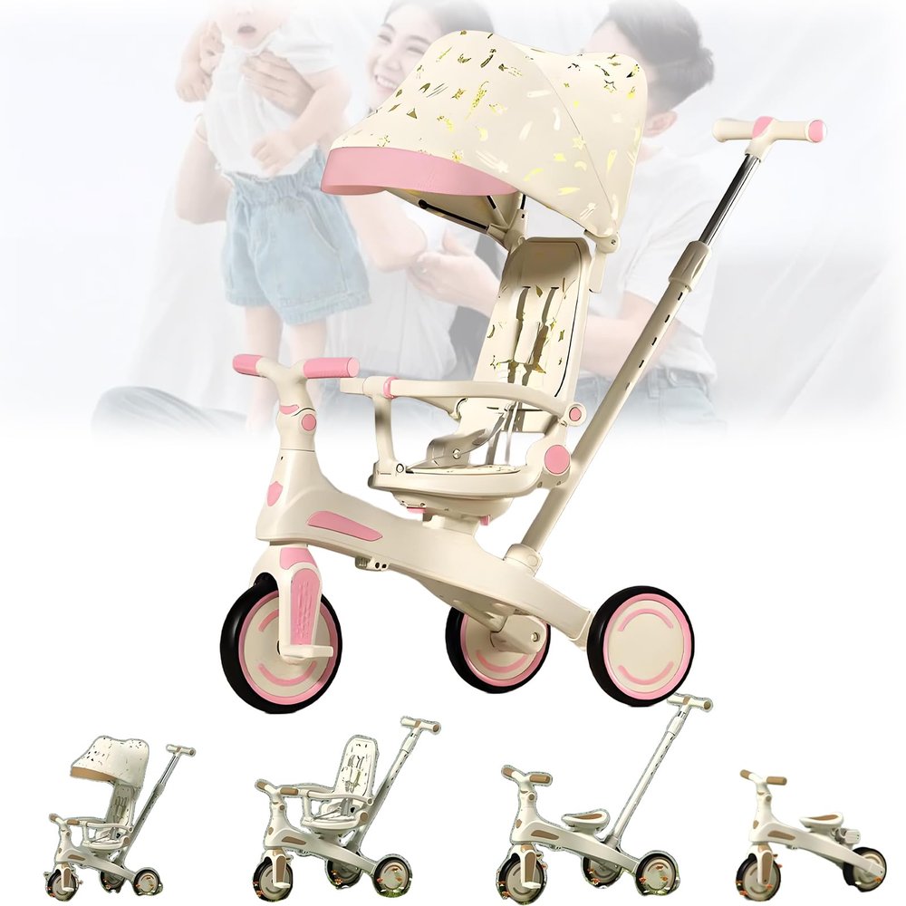 LHTJHP 4 in 1 Kids Tricycle, Baby Bike, Two-Way Push, Detachable Seat, Foldable Pedals, Toddler Push Tricycle with Adjustable Handlebar, Suitable for Children Aged 1-3-6,Pink