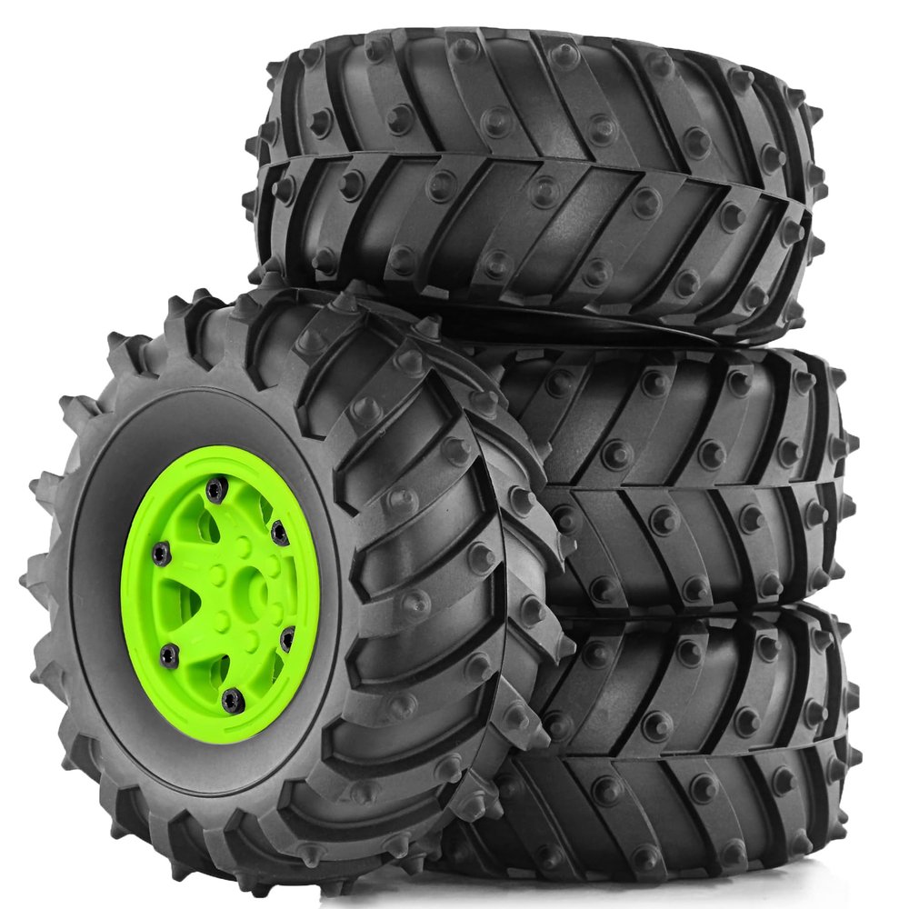 12mm Hex Hub 4.72''OD Rubber Tires & Wheel Rim for RedCat Volcano Traxxas Rustler HPI HSP Tamiya Exceed Himoto 1/10 Off-Road Monster Truck,120mmx56mm (Green)