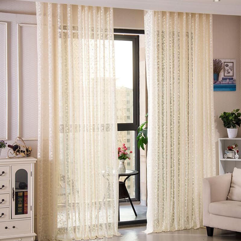 Iuokuby High Grade Rural Delicate Small Flower Jacquard Home Decor Sheer Curtains Basic Rod Pocket Top Style for Living Dining Room Balcony(1 Panel, W 52 x L 84 inch, Beige)