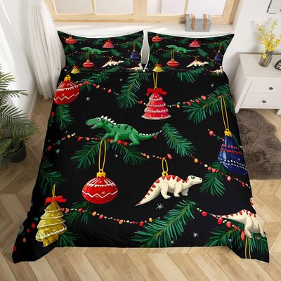 Manfei Cartoon Dinosaur Duvet Cover Set Toddler Size,Merry Christmas Bedding Set,Xmas Tree Quilt Cover for Kids,Comforter Cover(No Filler),2 Pcs
