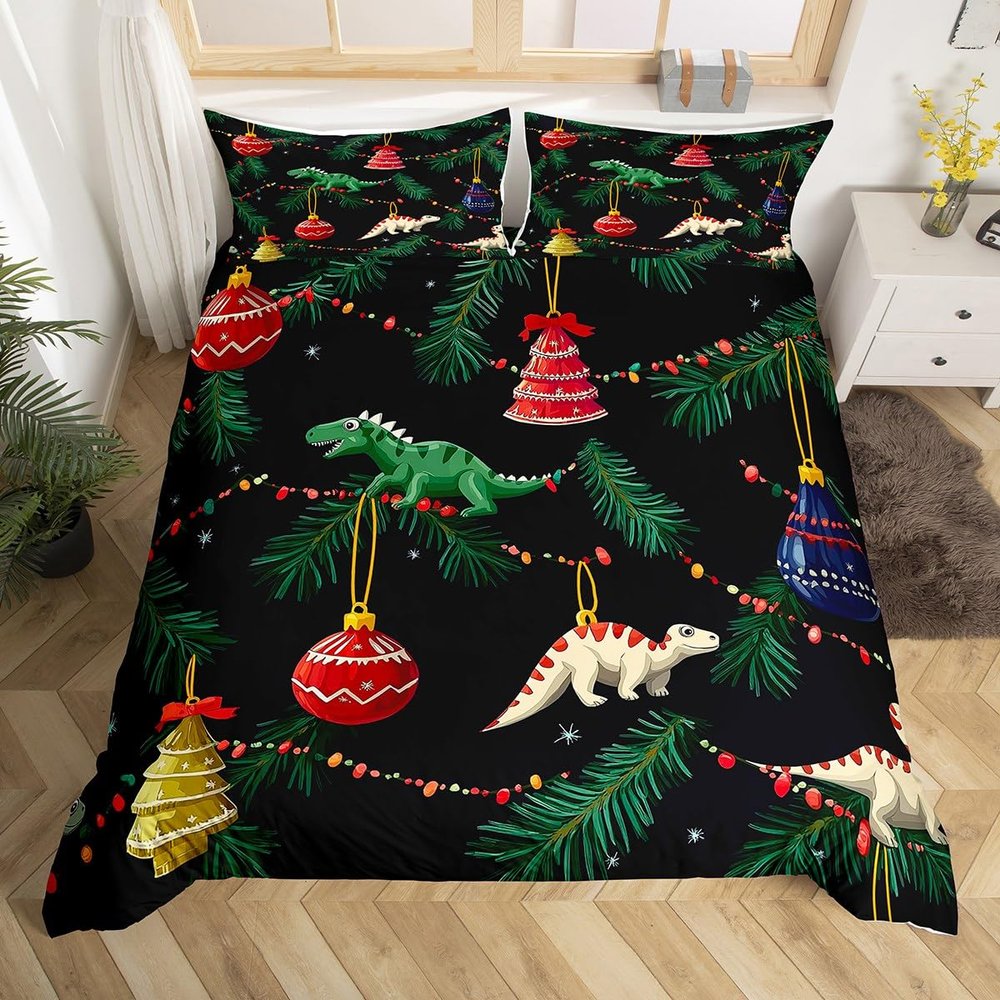 Manfei Cartoon Dinosaur Duvet Cover Set Toddler Size,Merry Christmas Bedding Set,Xmas Tree Quilt Cover for Kids,Comforter Cover(No Filler),2 Pcs