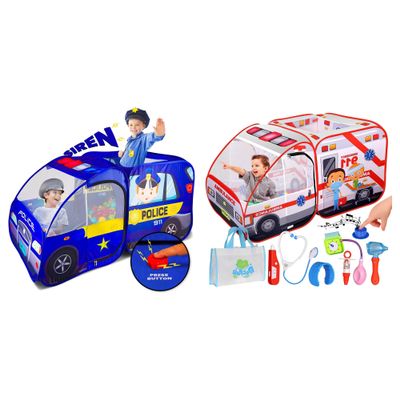 Emergency Rescue Vehicle Play Tent Bundle: Police Car & Ambulance with Sound Buttons and Accessories