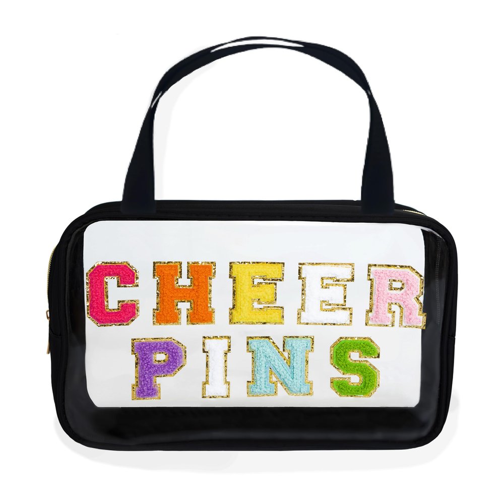 CHEER PINS Bag Clear Cheerleading Competition Pin Peg Bag with Multi-Colored Chenille Letters, Gold Zipper & Hand Strap, Stadium Approved Purse