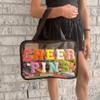 CHEER PINS Bag  Clear Cheerleading Competition Pin Peg Bag with Multi-Colored Chenille Letters, Gold Zipper & Hand Strap, Stadium Approved Purse view 2