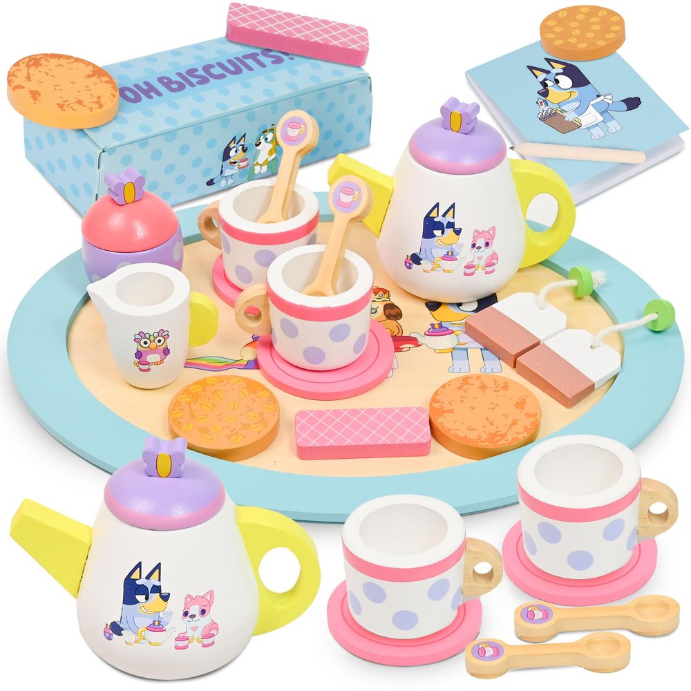 Bluey Wooden Tea Set - 18 Piece Teapot Set with Teapot, Tea Cups, Cookies, Tray and Notepad - FSC Certified Eco Toy for Kids Ages 3+ - Creative Role Play