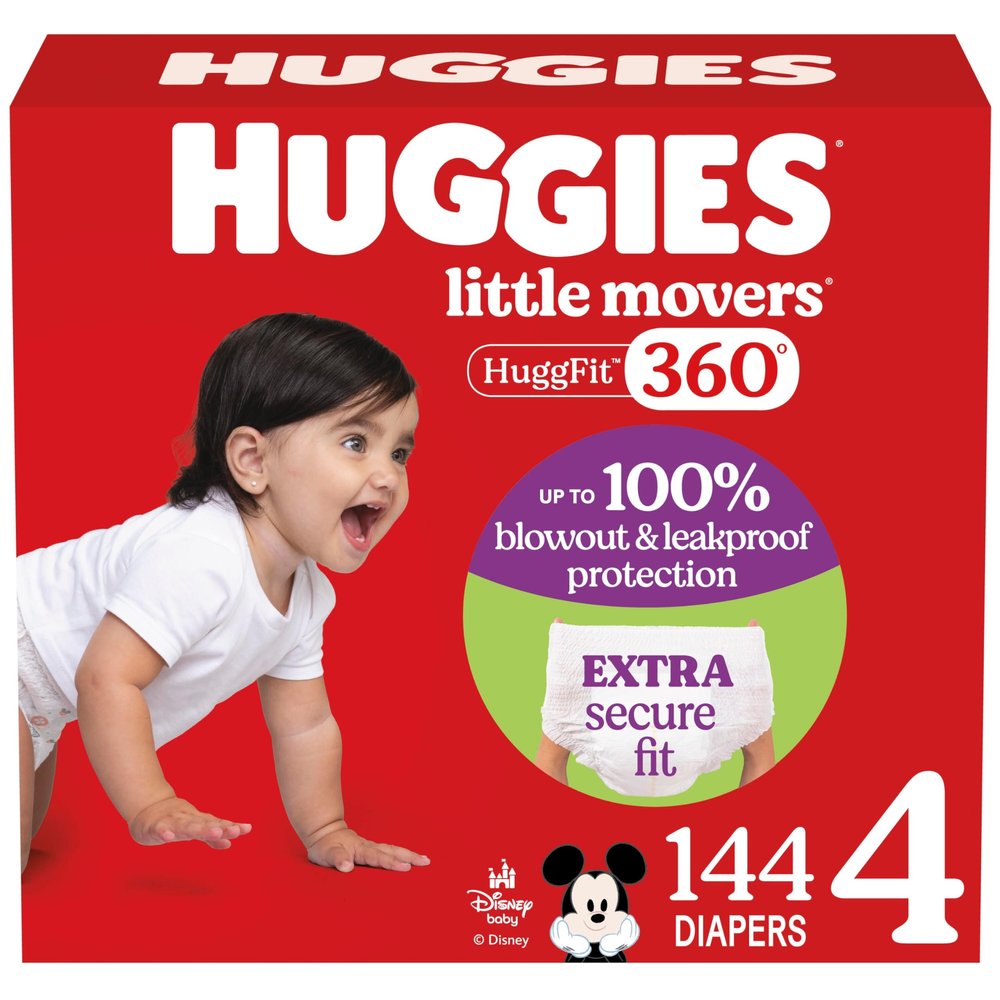 Huggies Size 4 Baby Diapers, Little Movers HuggFit 360 Baby Diapers with 360 Waistband, Size 4 (22-37 lbs), 144 Count (4 Packs of 36), Packaging May Vary