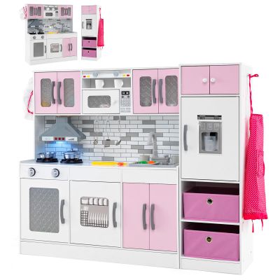 Costzon 2-Piece Kids Kitchen Playset, Wooden Play Kitchen with Water Circulation, Lights and Sounds, Range Hood, Ice Maker, Interactive Toy Kitchen & Play Refrigerator for Kids Toddlers Ages 3+ (Pink)