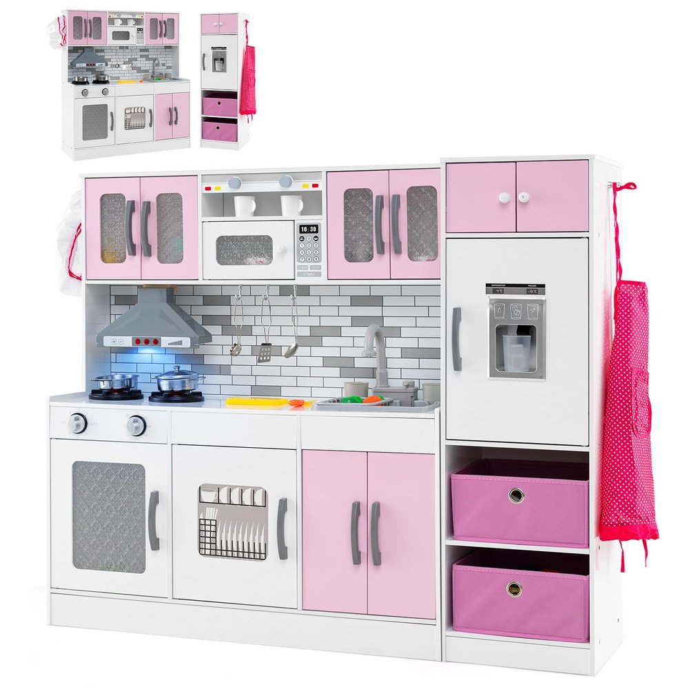 Costzon 2-Piece Kids Kitchen Playset, Wooden Play Kitchen with Water Circulation, Lights and Sounds, Range Hood, Ice Maker, Interactive Toy Kitchen & Play Refrigerator for Kids Toddlers Ages 3+ (Pink)