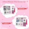 Costzon 2-Piece Kids Kitchen Playset, Wooden Play Kitchen with Water Circulation, Lights and Sounds, Range Hood, Ice Maker, Interactive Toy Kitchen & Play Refrigerator for Kids Toddlers Ages 3+ (Pink) view 2