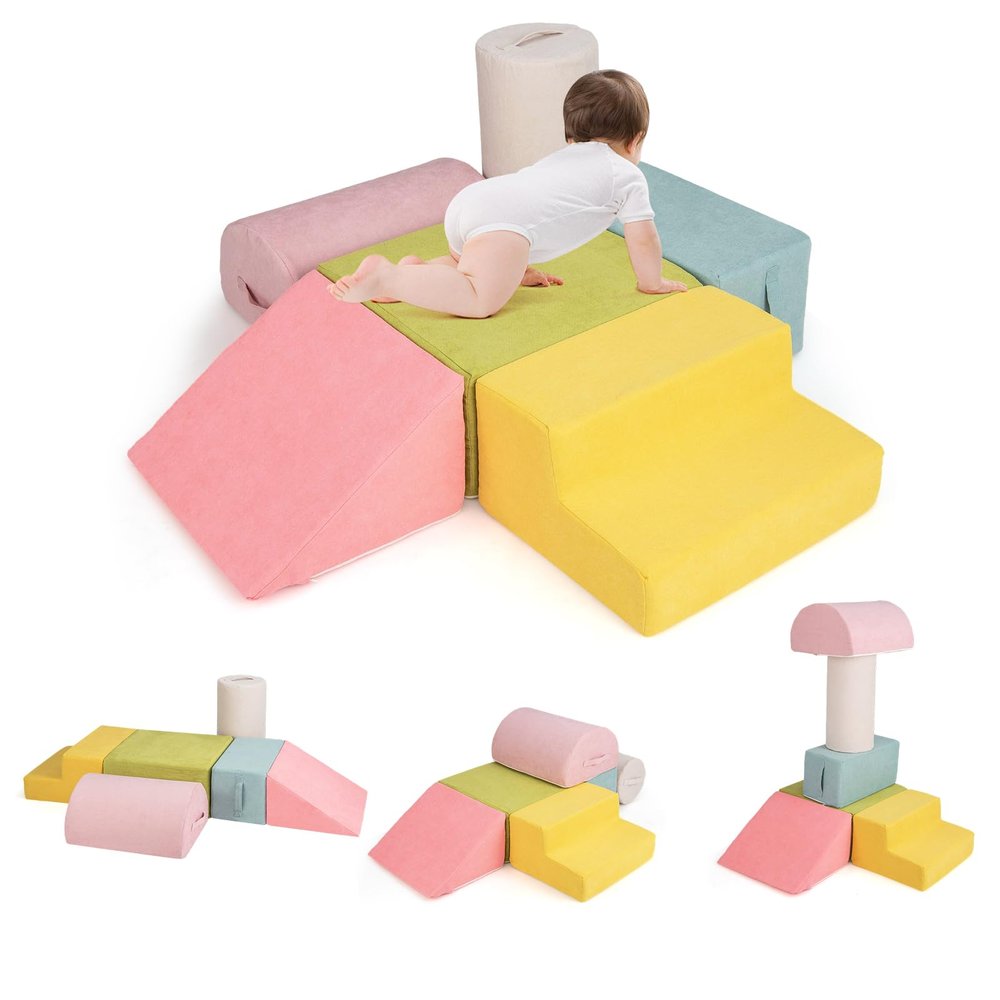 INFANS Climbing Toys for Toddlers, 6pc Kids Climb and Crawl Soft Foam Block Activity Structure Play Set with Chenille Fabric, Indoor Foam Play Gym for Baby Crawling and Sliding